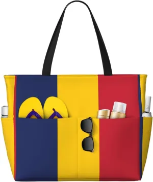 Flag of Chad Print 28L Large Beach Tote Bag, 7 Pockets Waterproof Travel Shoulder Bag, Gym Oversized Tote