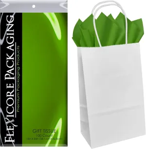 Flexicore Packaging White Kraft Paper Gift Bags & Moss Green Gift Wrap Tissue Paper Size: 5.25 Inch X 3.5 Inch X 8.5 Inch | Count: 50 Bags | Color: Moss Green