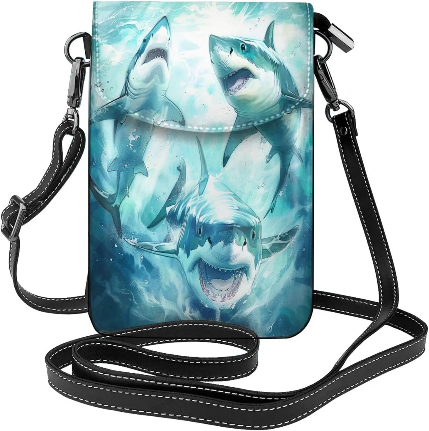 Floating Shark Leather Crossbody Bag For Women, Ocean Fish Small Cell Phone Purse Mini Shoulder Phone Bag Wallet Pouch
