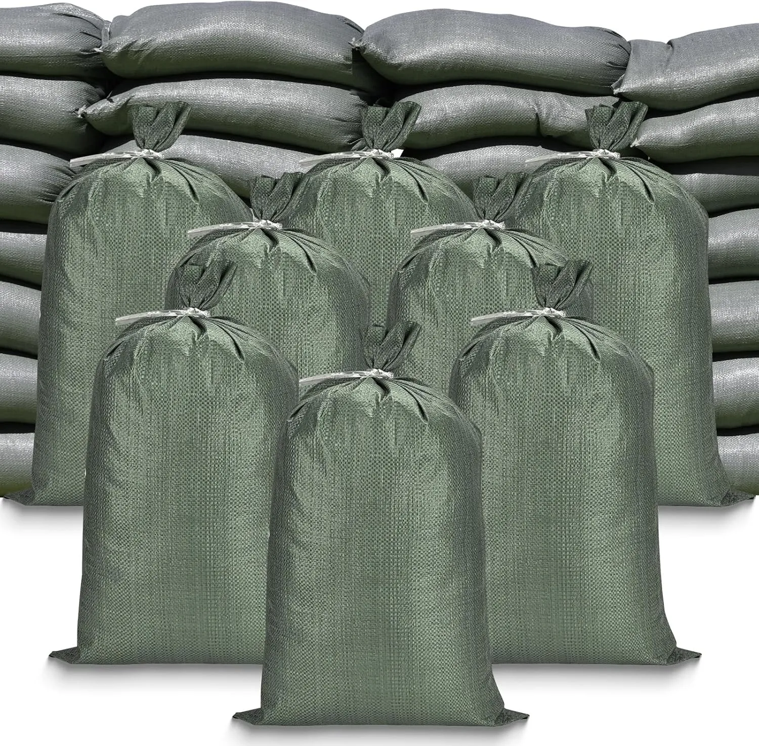 Flood Control Empty Sand Bags 25PCS, Durable Green Flood Bags, 14"x26" Large Capacity 50lbs, with Tie Closure, UV Resistant Design, Multi-Purpose Emergency Flood and Storm Protection