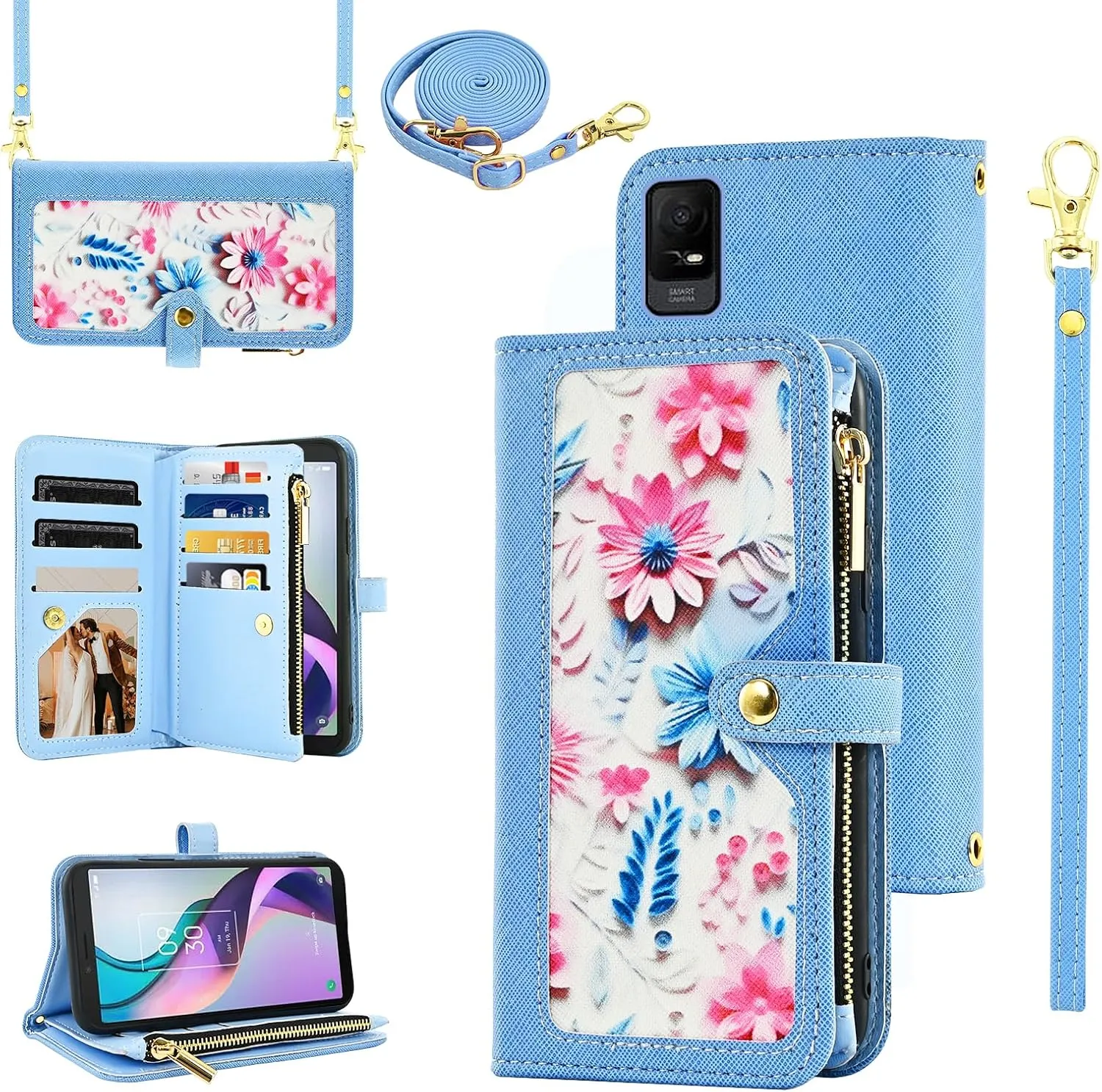 Floral Wallet Case for Metro TCL Ion X/Ion V/40Z T607DL with Wrist Strap Shoulder Strap Flip Zipper Purse PU Leather Credit ID Card Holder Stand Phone Cover for IonX T430W IonV 2023 Women Blue