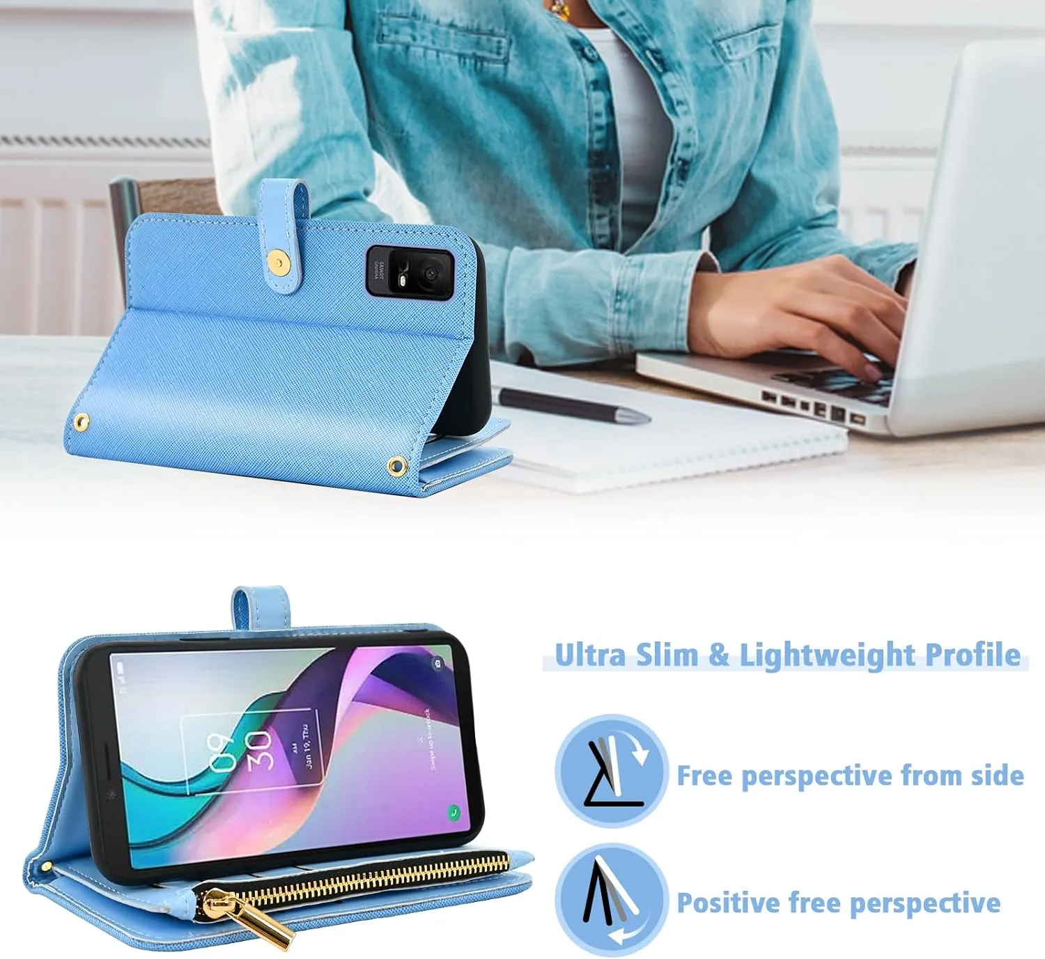 Floral Wallet Case for Metro TCL Ion X/Ion V/40Z T607DL with Wrist Strap Shoulder Strap Flip Zipper Purse PU Leather Credit ID Card Holder Stand Phone Cover for IonX T430W IonV 2023 Women Blue