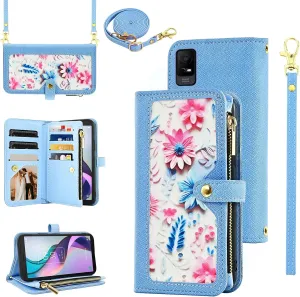 Floral Wallet Case for Metro TCL Ion X/Ion V/40Z T607DL with Wrist Strap Shoulder Strap Flip Zipper Purse PU Leather Credit ID Card Holder Stand Phone Cover for IonX T430W IonV 2023 Women Blue