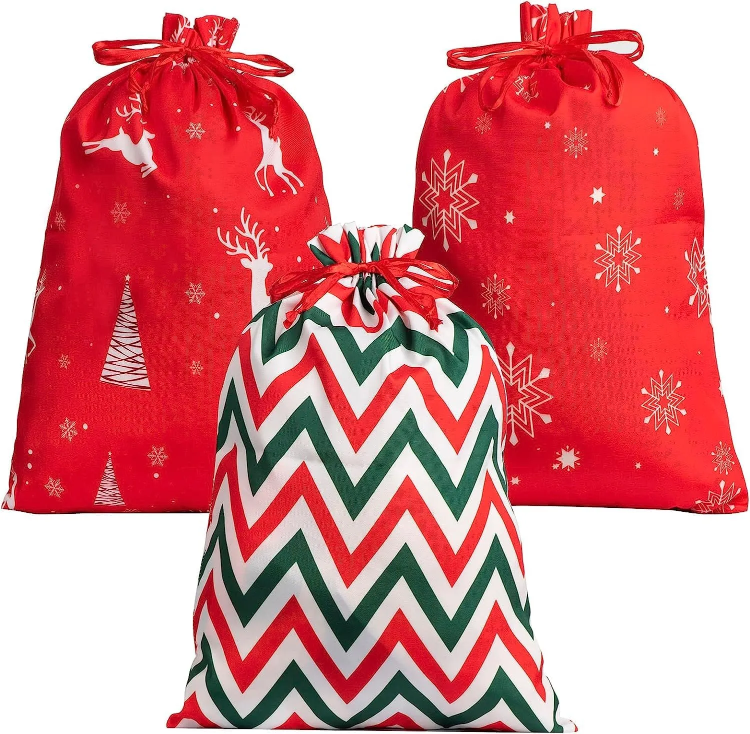 FloraSea 3 Pack Christmas Big Cotton Gift Bags With Drawstrings, Giant Reusable Holiday Fabric Gift Bags for Xmas Presents and Party Favors