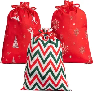 FloraSea 3 Pack Christmas Big Cotton Gift Bags With Drawstrings, Giant Reusable Holiday Fabric Gift Bags for Xmas Presents and Party Favors