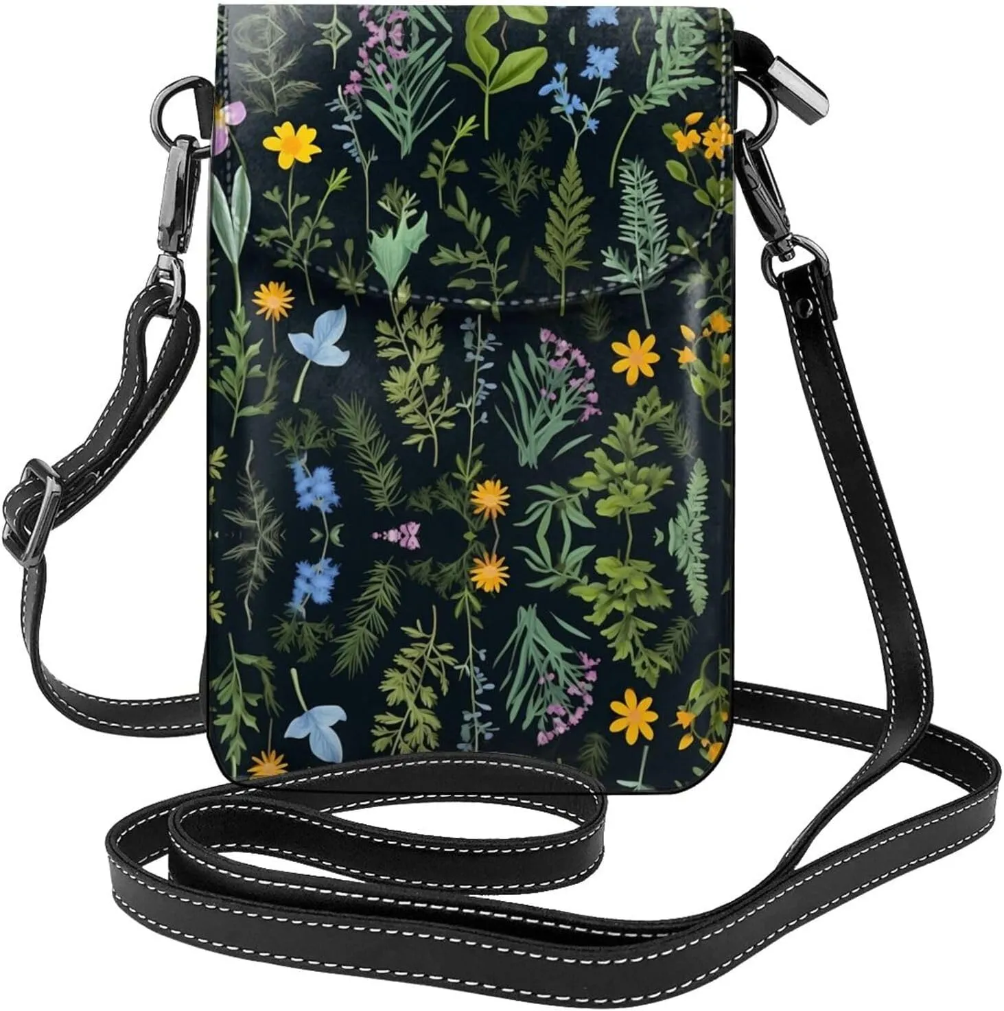 flowering herbs and herbaceous plants Pattern Leather Crossbody Flap Phone Bag - Versatile Gift for Women Walking, Camping, Shopping, and Travel