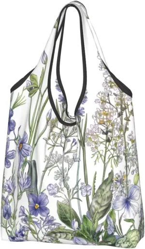 Flowering Herbs and Herbaceous Plants Printed Reusable Shopping Bag 2 Pack Folding Grocery Bags Cloth Tote Bags Cute Washable Shopper Bags