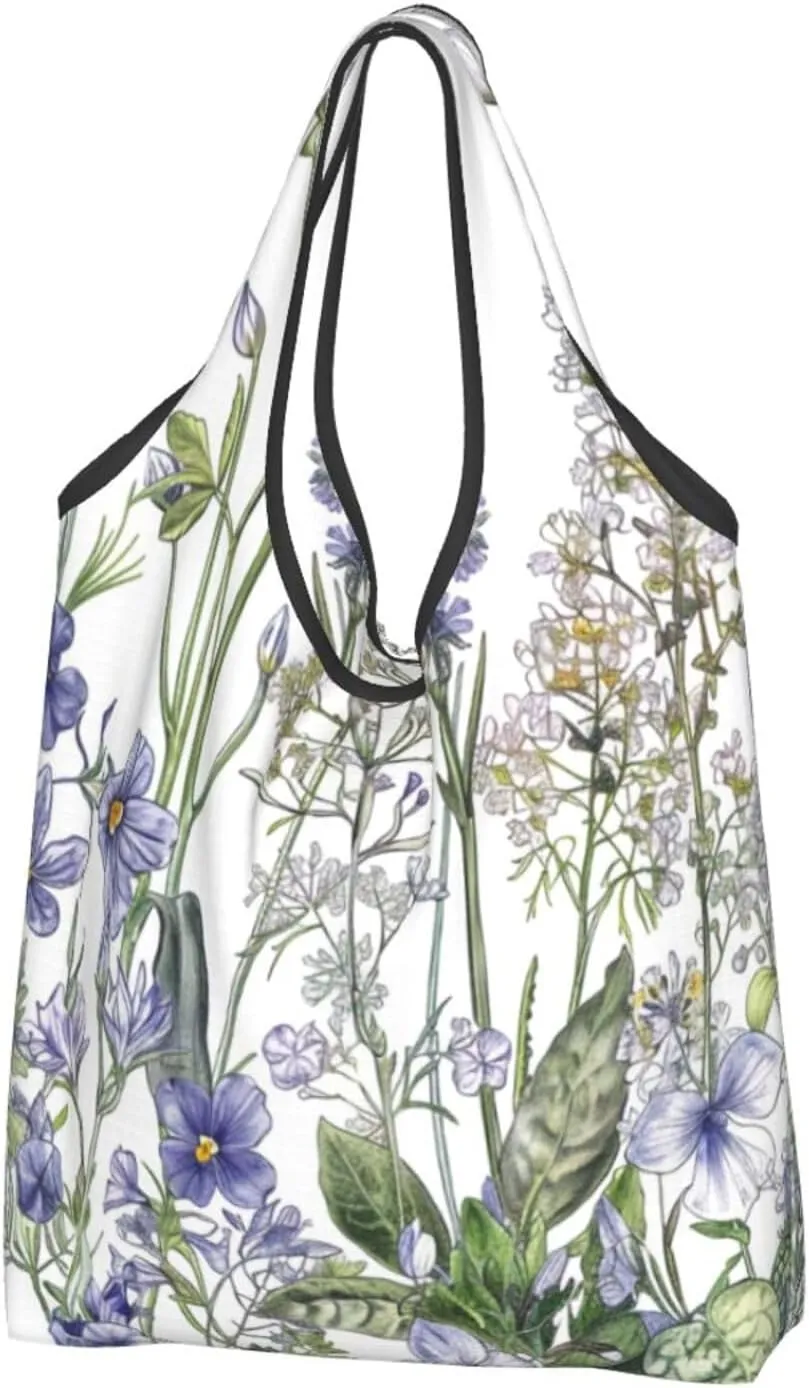 Flowering Herbs and Herbaceous Plants Printed Reusable Shopping Bag 2 Pack Folding Grocery Bags Cloth Tote Bags Cute Washable Shopper Bags