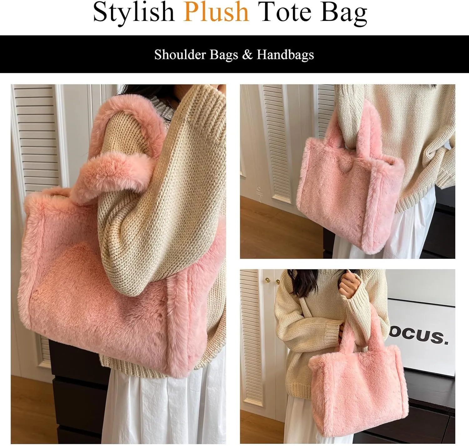Fluffy Tote Bag Large Fur Purses for Women Winter Fuzzy Totes Furry Shoulder Handbag Plush Bags