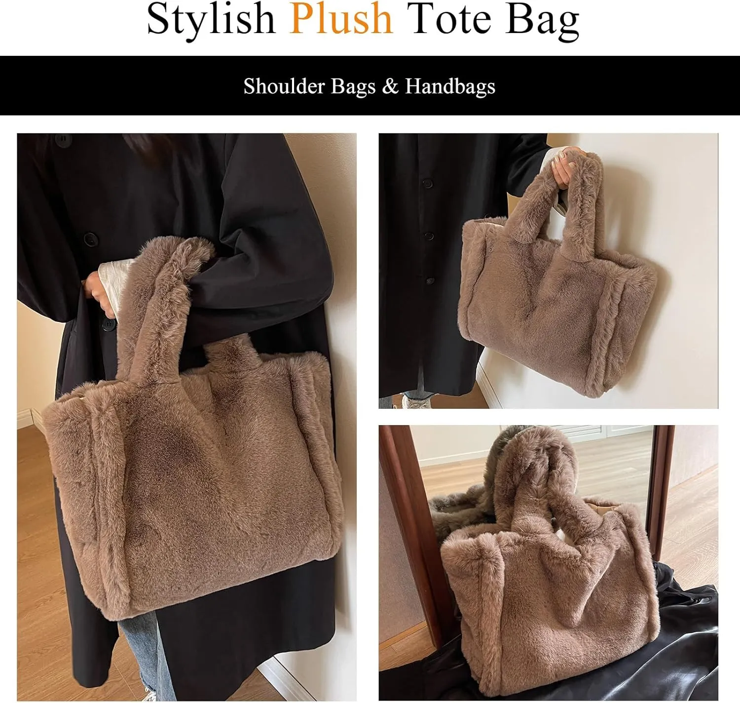 Fluffy Tote Bag Large Fur Purses for Women Winter Fuzzy Totes Furry Shoulder Handbag Plush Bags