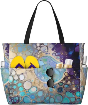 Fluid Art Pattern Print 28L Large Beach Tote Bag, 7 Pockets Waterproof Travel Shoulder Bag, Gym Oversized Tote