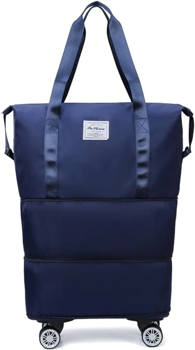 Foldable Duffle Travel Bag with Wheels, Expandable Rolling Duffle Suitcase, Detachable Rolling Luggage Wheels, Carry-on Large Duffel Bag, Suit Gym, Camping or Business Trip (Dark blue)