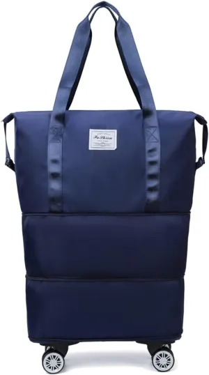 Foldable Duffle Travel Bag with Wheels, Expandable Rolling Duffle Suitcase, Detachable Rolling Luggage Wheels, Carry-on Large Duffel Bag, Suit Gym, Camping or Business Trip (Dark blue)