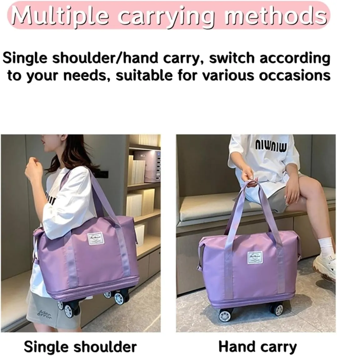 Foldable Duffle Travel Bag with Wheels, Expandable Rolling Duffle Suitcase, Detachable Rolling Luggage Wheels, Carry-on Large Duffel Bag, Suit Gym, Camping or Business Trip (Dark blue)