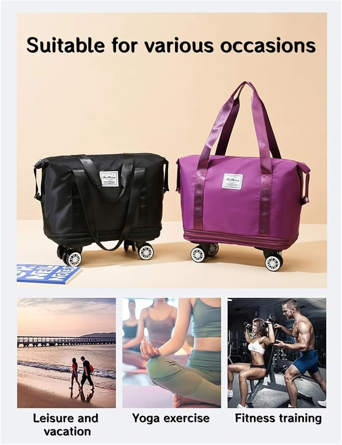 Foldable Duffle Travel Bag with Wheels, Expandable Rolling Duffle Suitcase, Detachable Rolling Luggage Wheels, Carry-on Large Duffel Bag, Suit Gym, Camping or Business Trip (Dark blue)