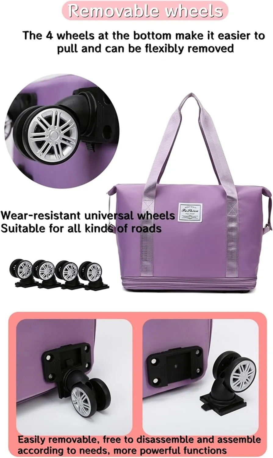 Foldable Duffle Travel Bag with Wheels, Expandable Rolling Duffle Suitcase, Detachable Rolling Luggage Wheels, Carry-on Large Duffel Bag, Suit Gym, Camping or Business Trip (Dark blue)