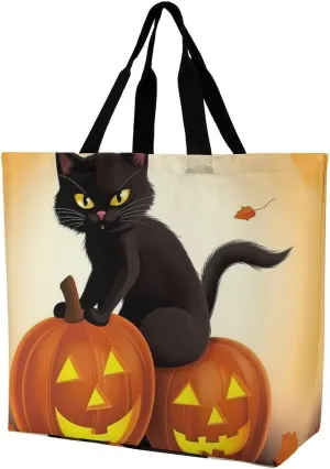 Foldable Grocery Bag Reusable Shopping Bag Halloween Black Cats Pumpkin Tote Bag Casual Handbags for Work Shopping