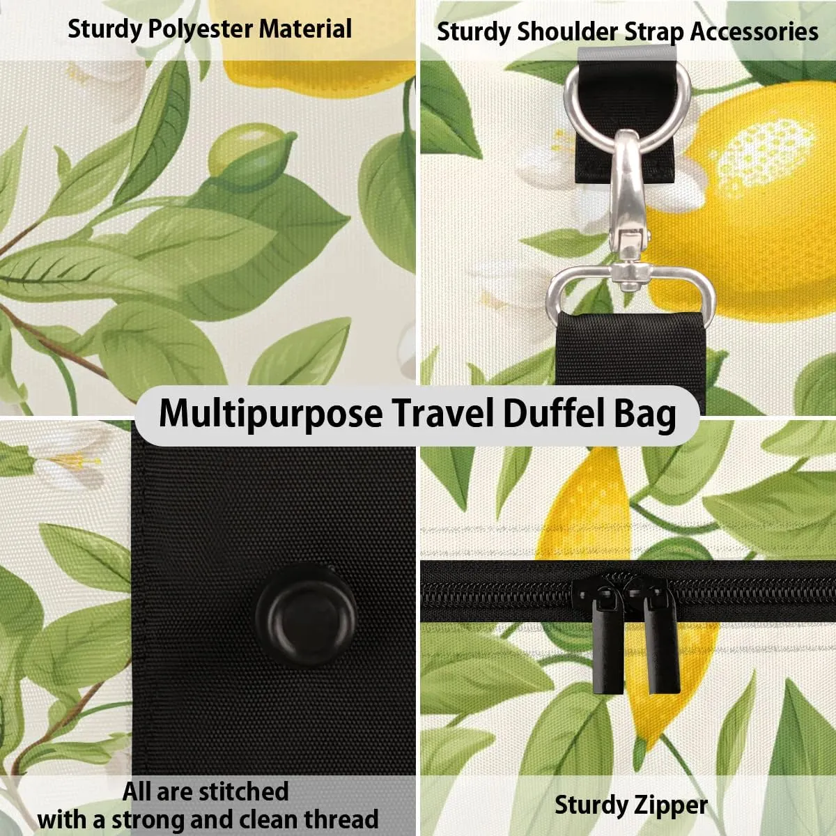 Foldable Travel Bag Lemon Floral Lightweight Carry On Bags for Airplanes Waterproof Travel Duffle Bag For Gym Weekend Overnight