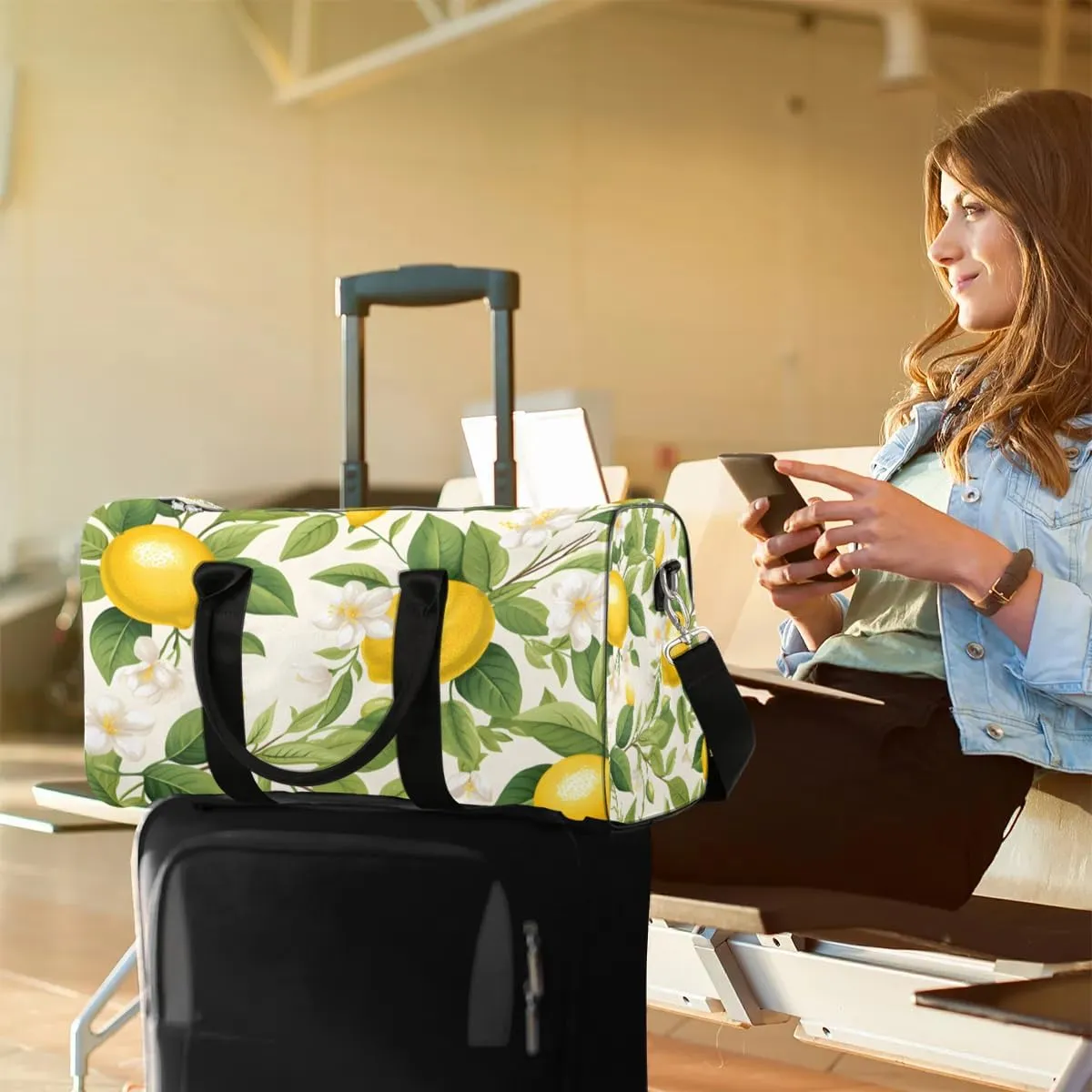 Foldable Travel Bag Lemon Floral Lightweight Carry On Bags for Airplanes Waterproof Travel Duffle Bag For Gym Weekend Overnight
