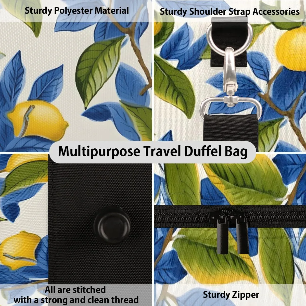 Foldable Travel Bag Lemons Leaves Lightweight Carry On Bags for Airplanes Waterproof Travel Duffle Bag For Gym Weekend Overnight