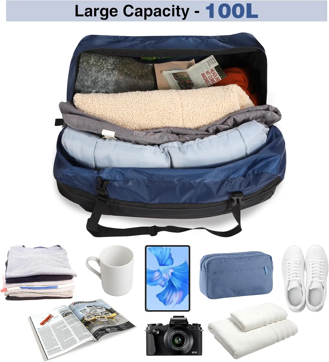 Foldable Travel Bag,100L Large Duffel Bag for Travel, Lightweight Waterproof Tote Bag, Blue