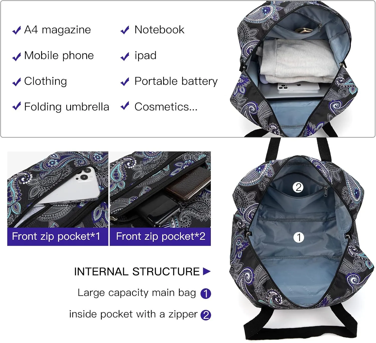 Foldable Travel Duffel Bag, Medium Women's Weekender and Overnight bag carry on Luggage bag for Women