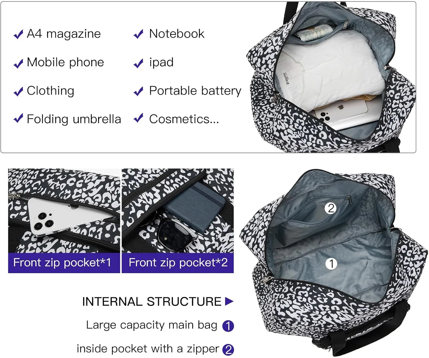 Foldable Travel Duffel Bag, Medium Women's Weekender and Overnight bag carry on Luggage bag for Women