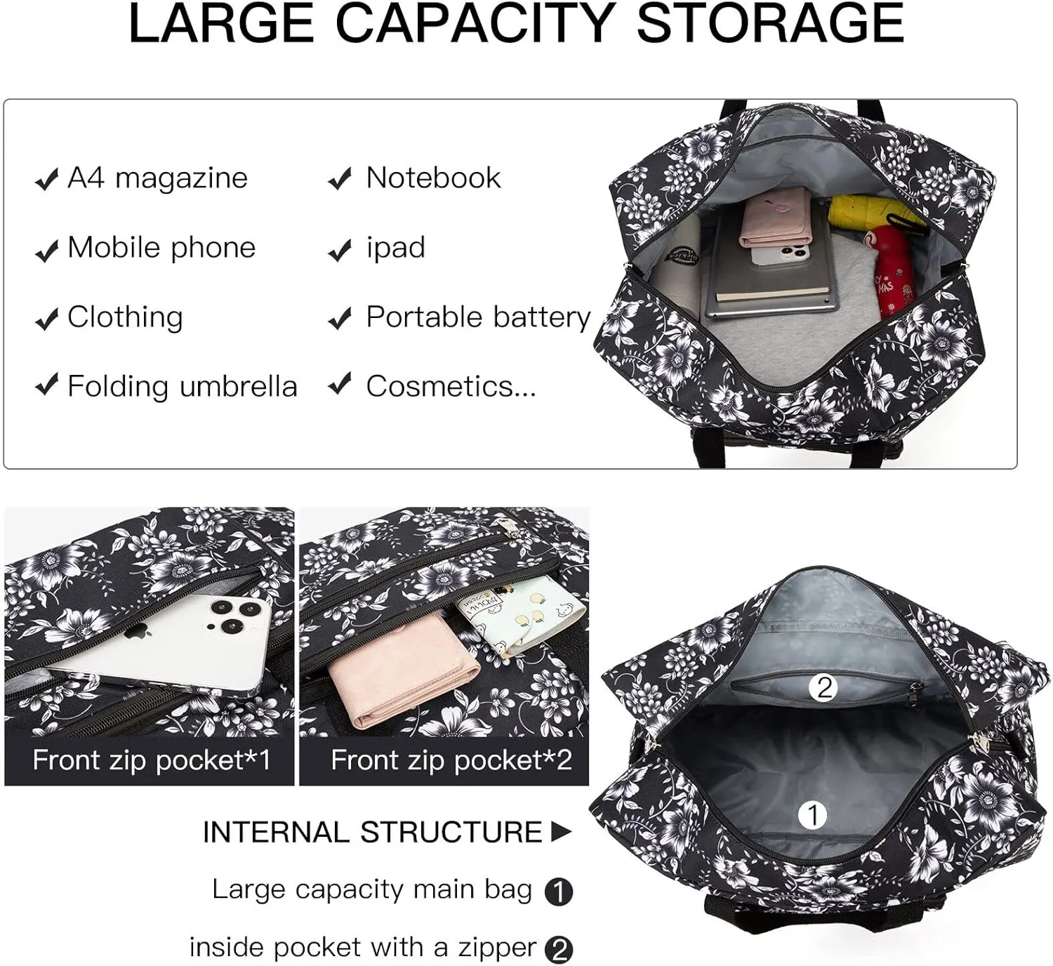 Foldable Travel Duffel Bag, Medium Women's Weekender and Overnight bag carry on Luggage bag for Women