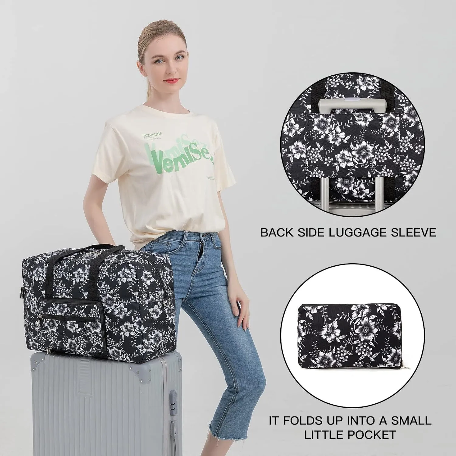 Foldable Travel Duffel Bag, Medium Women's Weekender and Overnight bag carry on Luggage bag for Women