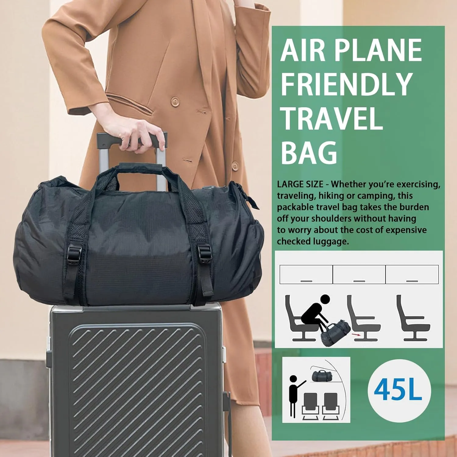 Foldable Travel Duffel Bag,Unisex Travel Tote Bag,Fitness Sports Tote Bag,Waterproof Duffel Bag' 41L Weekend Travel Overnight Bag (Grey)