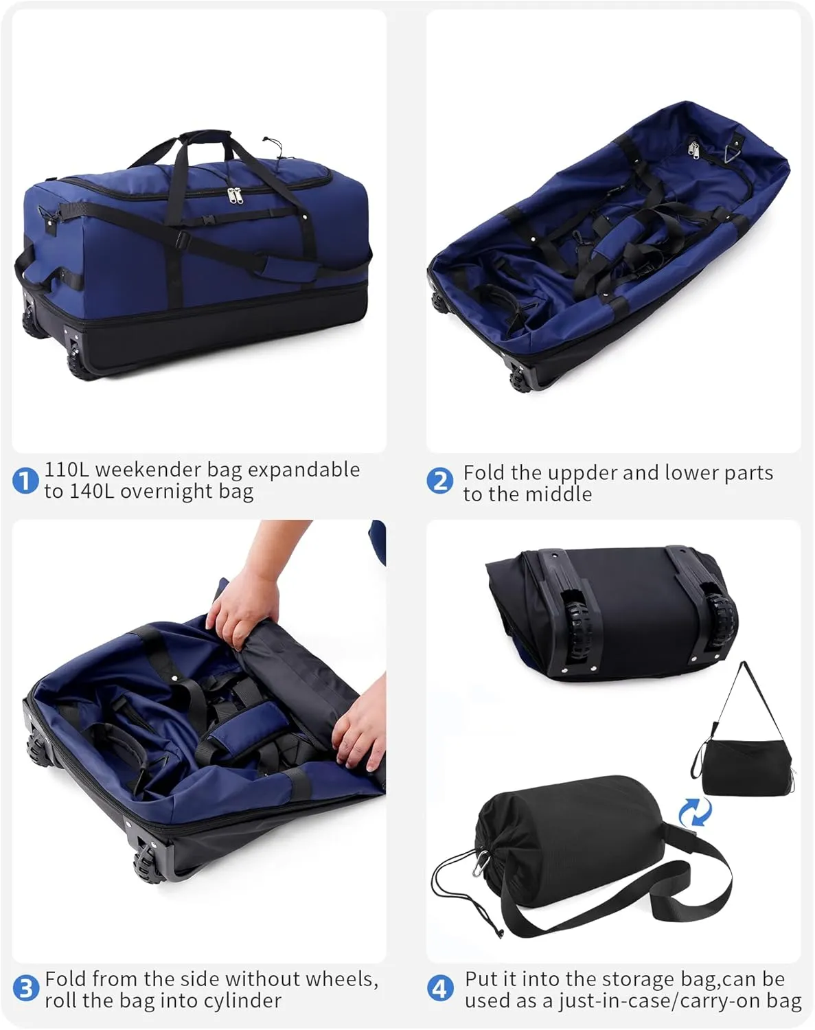 Foldable Wheeled Duffel Backpack with Padded Quilted Bottom,Waterproof Travel Duffle Bag with Extended Handles (Blue)