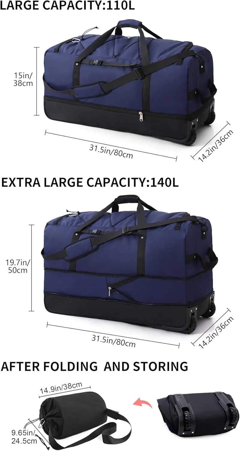 Foldable Wheeled Duffel Backpack with Padded Quilted Bottom,Waterproof Travel Duffle Bag with Extended Handles (Blue)