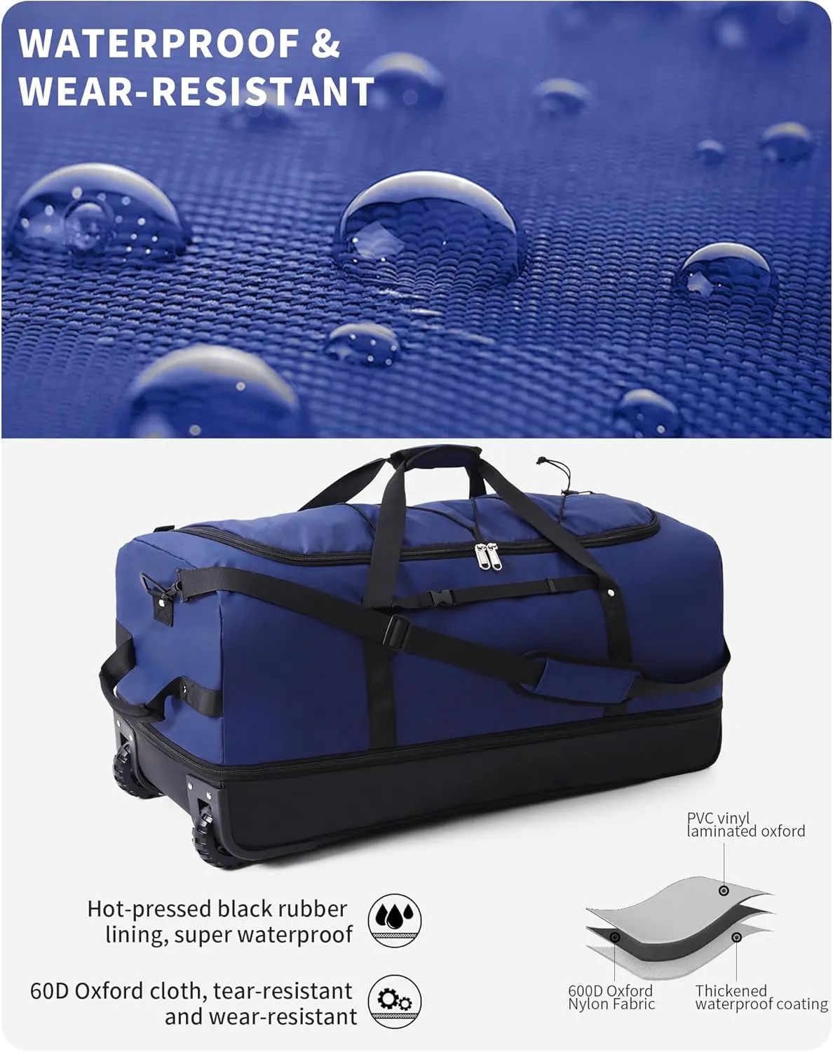 Foldable Wheeled Duffel Backpack with Padded Quilted Bottom,Waterproof Travel Duffle Bag with Extended Handles (Blue)