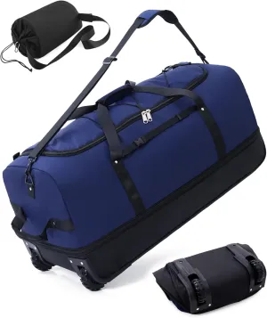 Foldable Wheeled Duffel Backpack with Padded Quilted Bottom,Waterproof Travel Duffle Bag with Extended Handles (Blue)