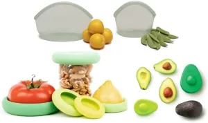 Food Huggers Kitchen ECO-ESSENTIAL 10 Pieces Sage Green (Set of 5)   Avocado Hugger (Set of 2)   Snack Size Silicone Storage Bags (2 pieces)   Lunch Size Silicone Storage Bags (1 piece)