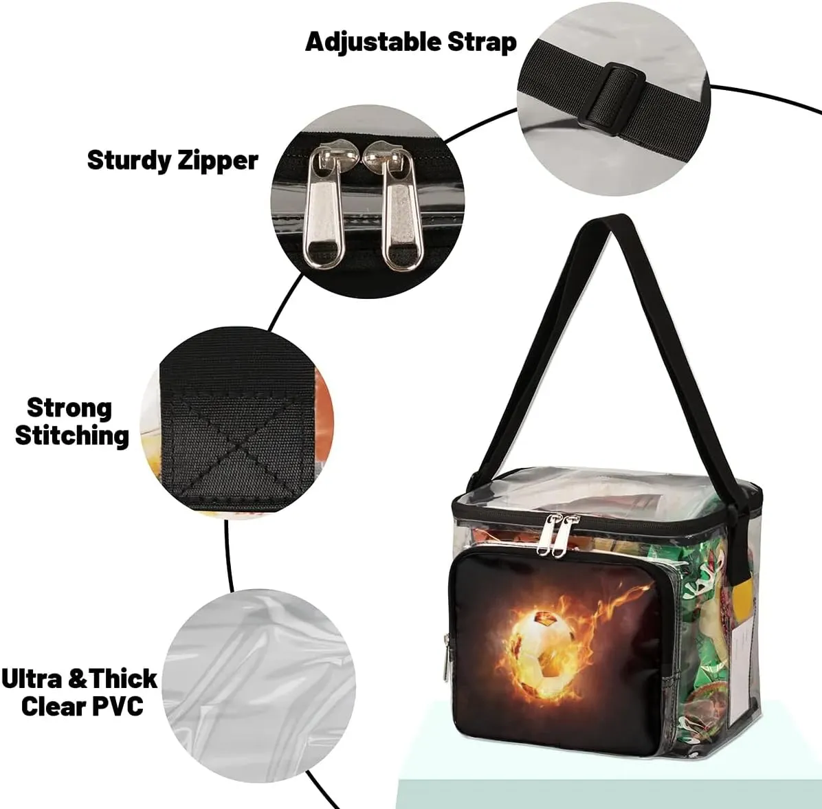 Football Fire Flames Burn Clear Lunch Bag Stadium Approved for Women Men Large Transparent Lunch Box with Adjustable Strap See Through Tote Bag for Work Sports Events Concerts