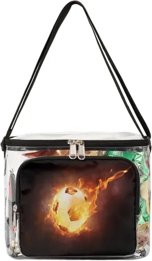 Football Fire Flames Burn Clear Lunch Bag Stadium Approved for Women Men Large Transparent Lunch Box with Adjustable Strap See Through Tote Bag for Work Sports Events Concerts