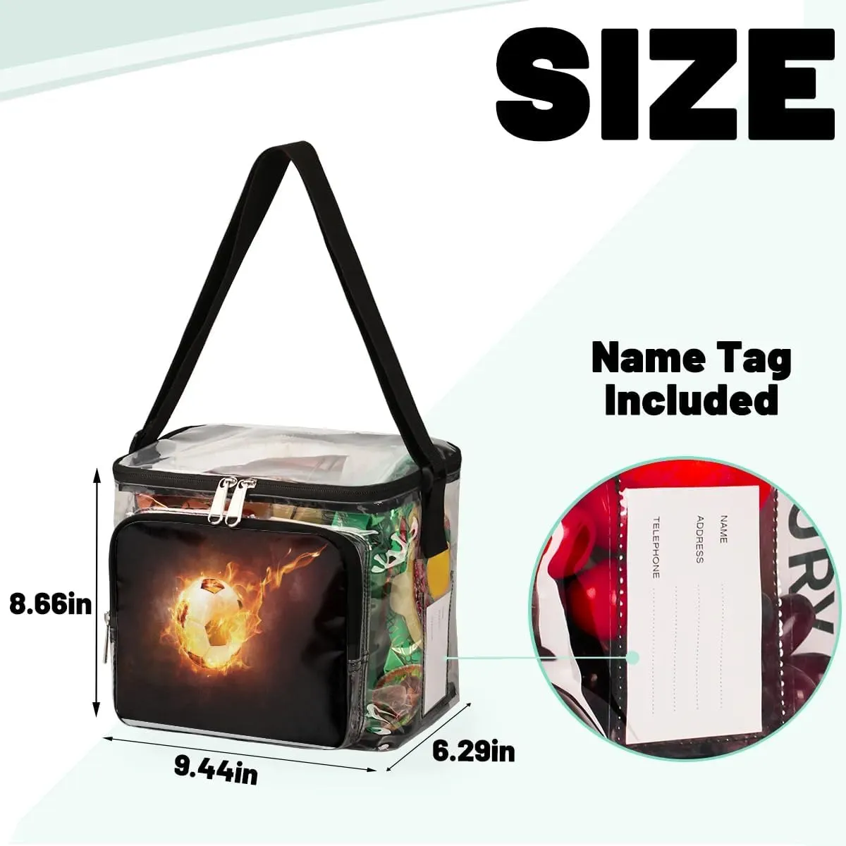 Football Fire Flames Burn Clear Lunch Bag Stadium Approved for Women Men Large Transparent Lunch Box with Adjustable Strap See Through Tote Bag for Work Sports Events Concerts