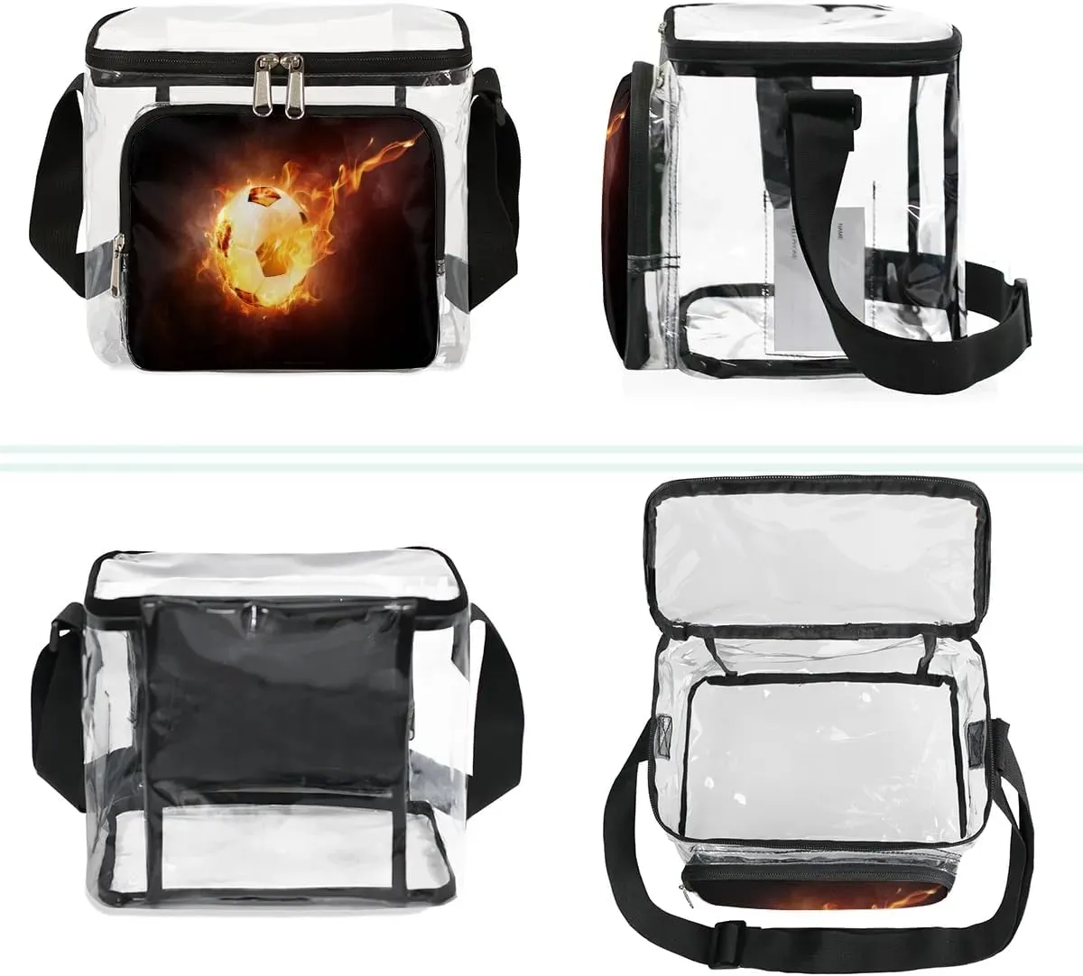 Football Fire Flames Burn Clear Lunch Bag Stadium Approved for Women Men Large Transparent Lunch Box with Adjustable Strap See Through Tote Bag for Work Sports Events Concerts