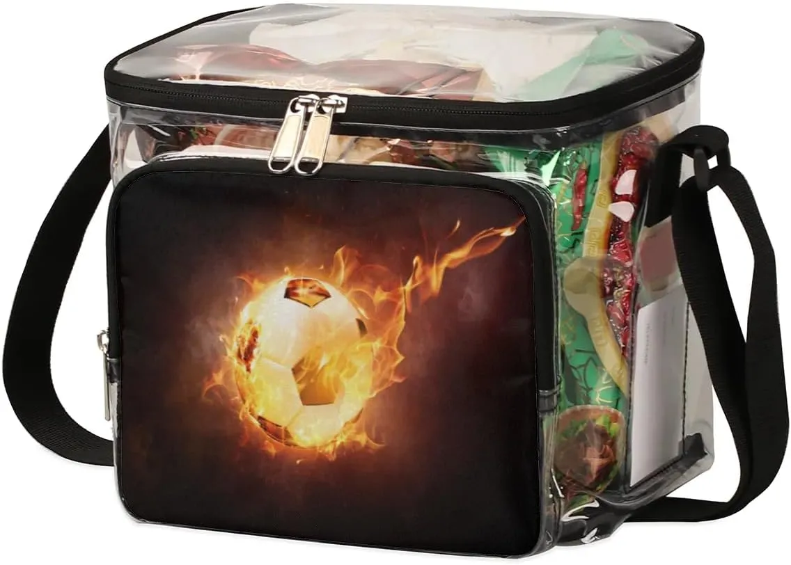 Football Fire Flames Burn Clear Lunch Bag Stadium Approved for Women Men Large Transparent Lunch Box with Adjustable Strap See Through Tote Bag for Work Sports Events Concerts
