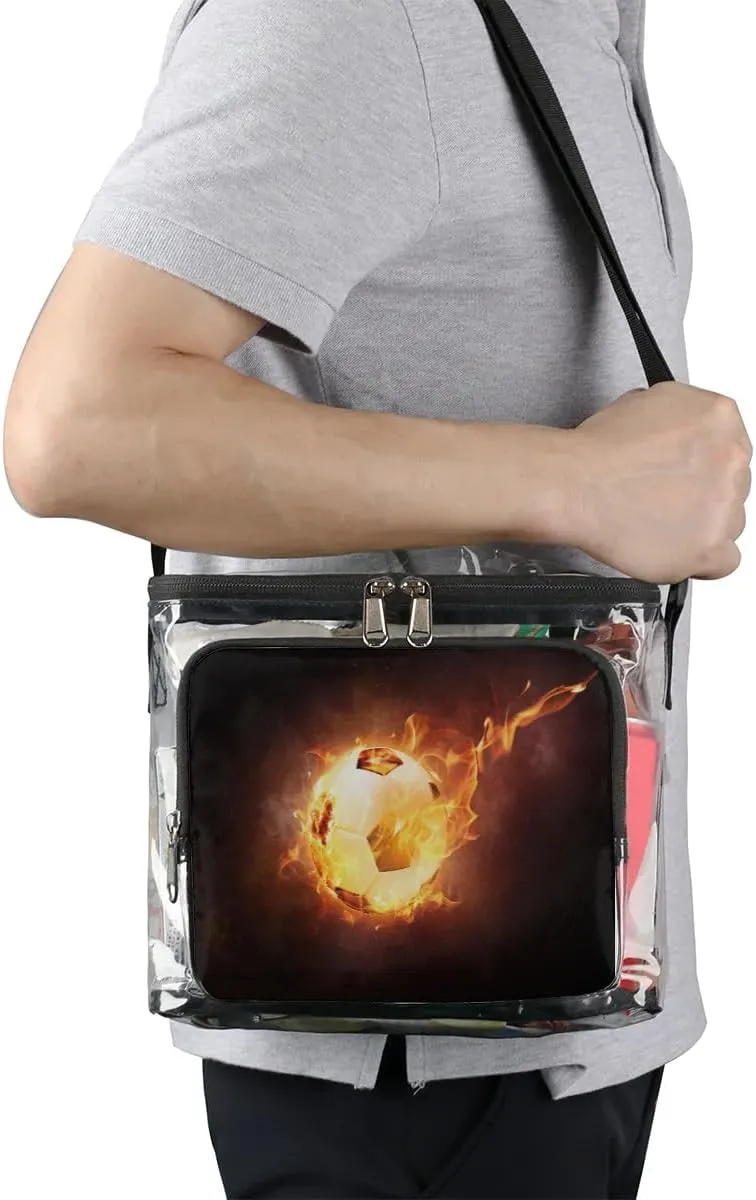 Football Fire Flames Burn Clear Lunch Bag Stadium Approved for Women Men Large Transparent Lunch Box with Adjustable Strap See Through Tote Bag for Work Sports Events Concerts