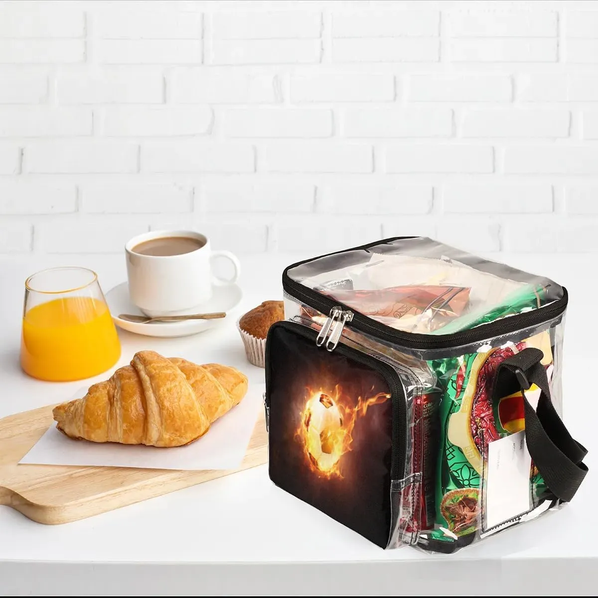 Football Fire Flames Burn Clear Lunch Bag Stadium Approved for Women Men Large Transparent Lunch Box with Adjustable Strap See Through Tote Bag for Work Sports Events Concerts