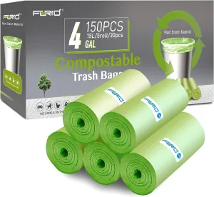 FORID 4 Gallon Garbage Bags, 150 Count, Unscented, Strong Trash Can Liners, 15 Liter Wastebasket Bags for Kitchen, Bathroom, Home Office, Green