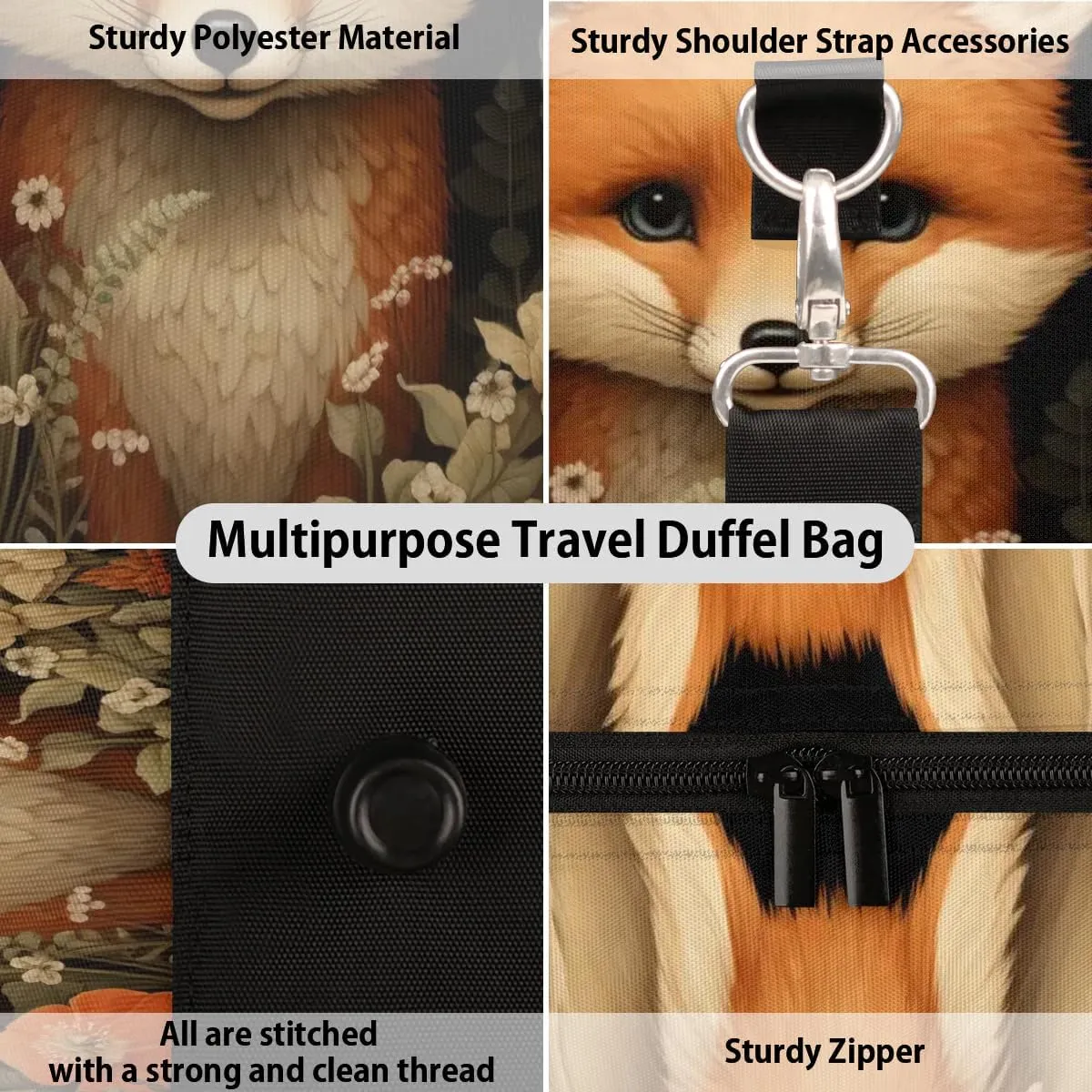 Fox Flowers Travel Duffel Bag for Women Men Waterproof Foldable Overnight Weekender Bag Large Capacity Sports Gym Bag