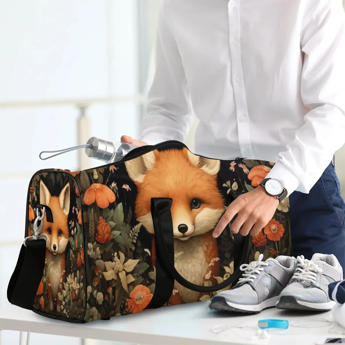 Fox Flowers Travel Duffel Bag for Women Men Waterproof Foldable Overnight Weekender Bag Large Capacity Sports Gym Bag