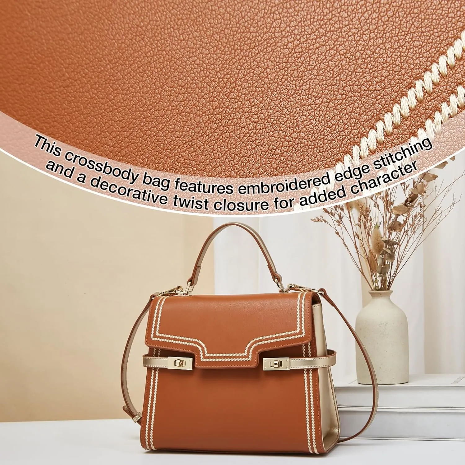 FOXLOVER Embroidery Flap Top-handle Bags for Women Crossbody Leather Purses Medium Size Magnetic Closure