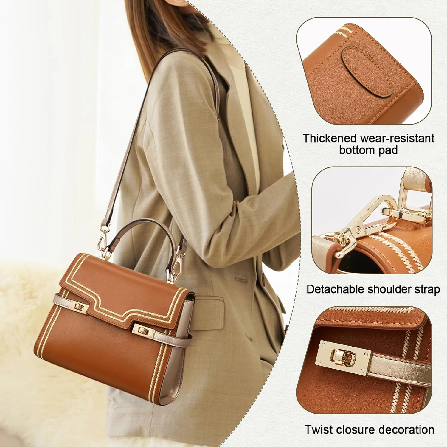 FOXLOVER Embroidery Flap Top-handle Bags for Women Crossbody Leather Purses Medium Size Magnetic Closure