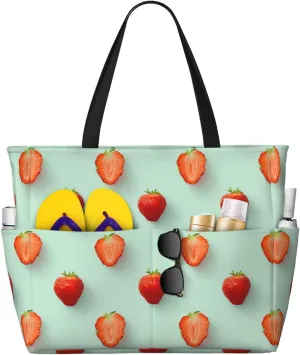 Fresh Strawberry & Leaf Print 28L Large Beach Tote Bag, 7 Pockets Waterproof Travel Shoulder Bag, Gym Oversized Tote
