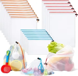Frienda 20 Pcs Reusable Produce Bags Mesh Grocery Bag with Drawstring Washable Produce Storage Bags for Agricultural Market Vegetable Beach and Refrigerator Storage(Red, Orange, Blue)