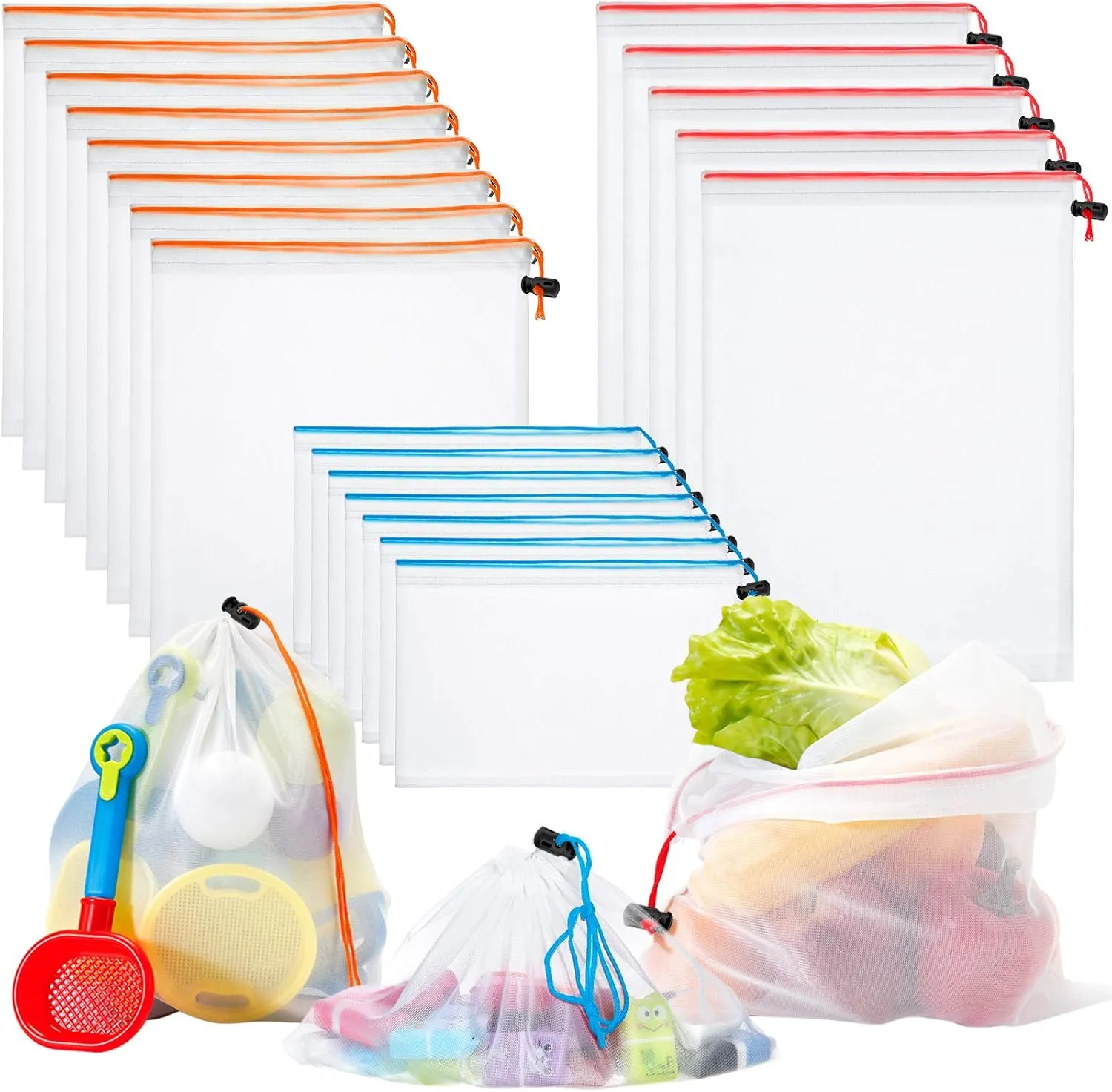 Frienda 20 Pcs Reusable Produce Bags Mesh Grocery Bag with Drawstring Washable Produce Storage Bags for Agricultural Market Vegetable Beach and Refrigerator Storage(Red, Orange, Blue)